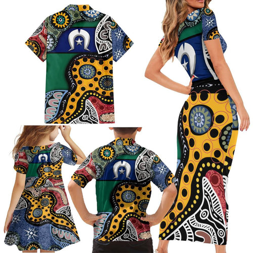 Torest Trait Islands Mix Aboriginal Pattern Family Matching Short Sleeve Bodycon Dress and Hawaiian Shirt