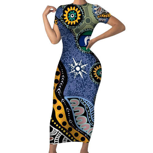 Torest Trait Islands Mix Aboriginal Pattern Family Matching Short Sleeve Bodycon Dress and Hawaiian Shirt