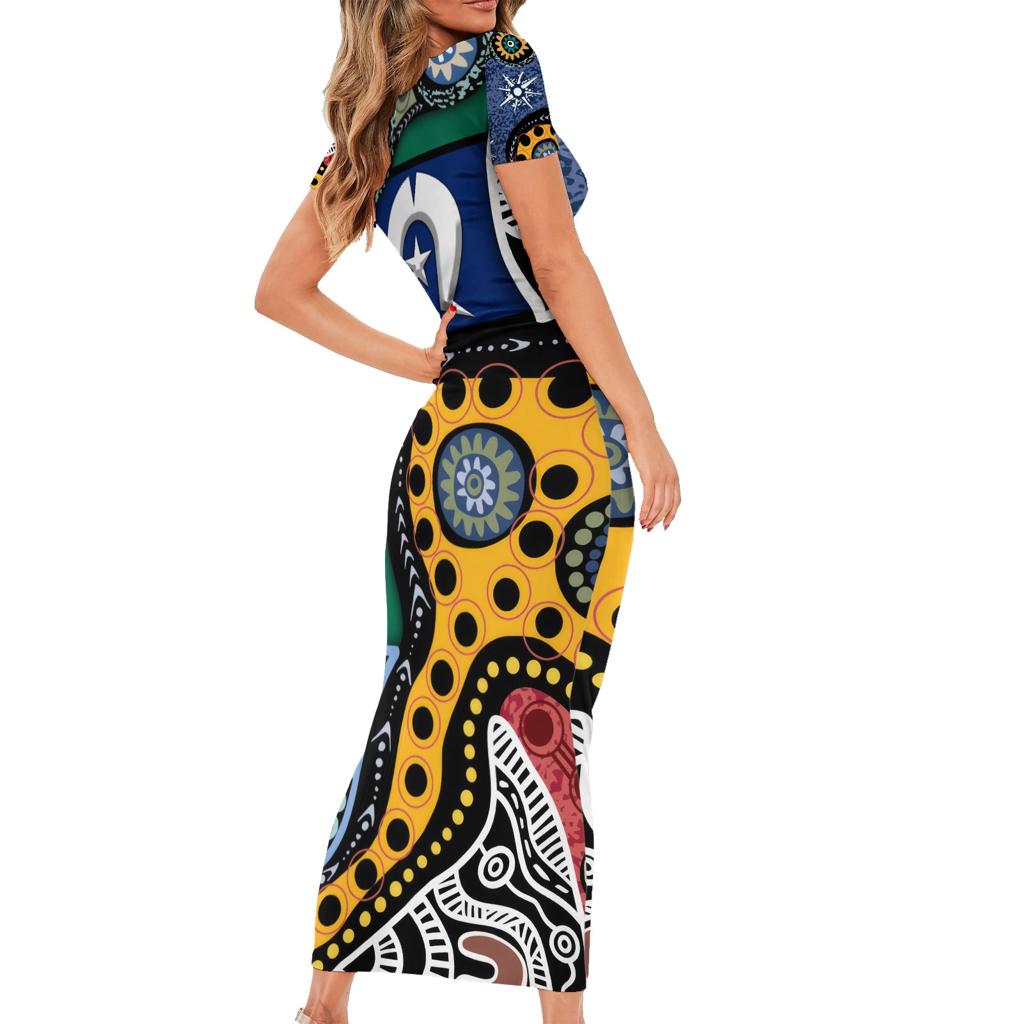 Torest Trait Islands Mix Aboriginal Pattern Family Matching Short Sleeve Bodycon Dress and Hawaiian Shirt