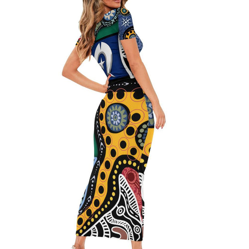 Torest Trait Islands Mix Aboriginal Pattern Family Matching Short Sleeve Bodycon Dress and Hawaiian Shirt