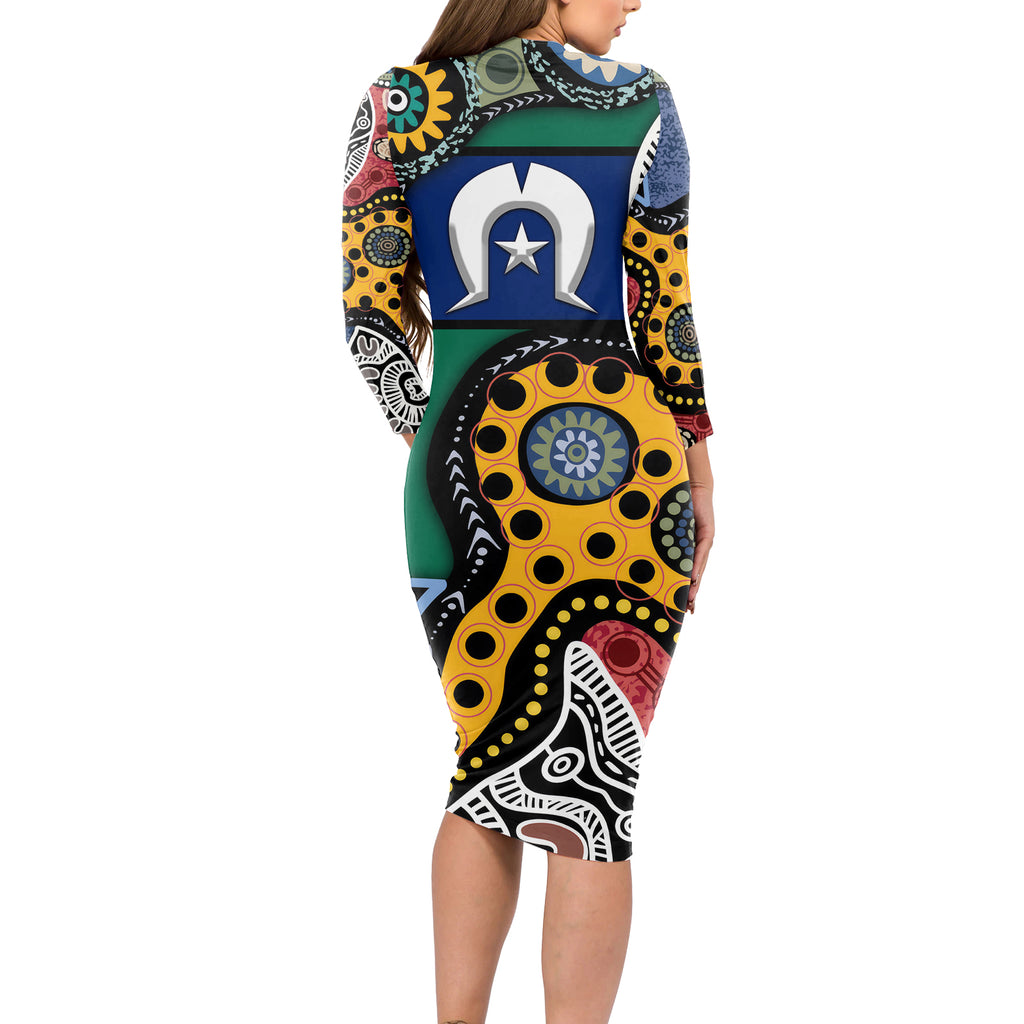Torest Trait Islands Mix Aboriginal Pattern Long Sleeve Bodycon Dress