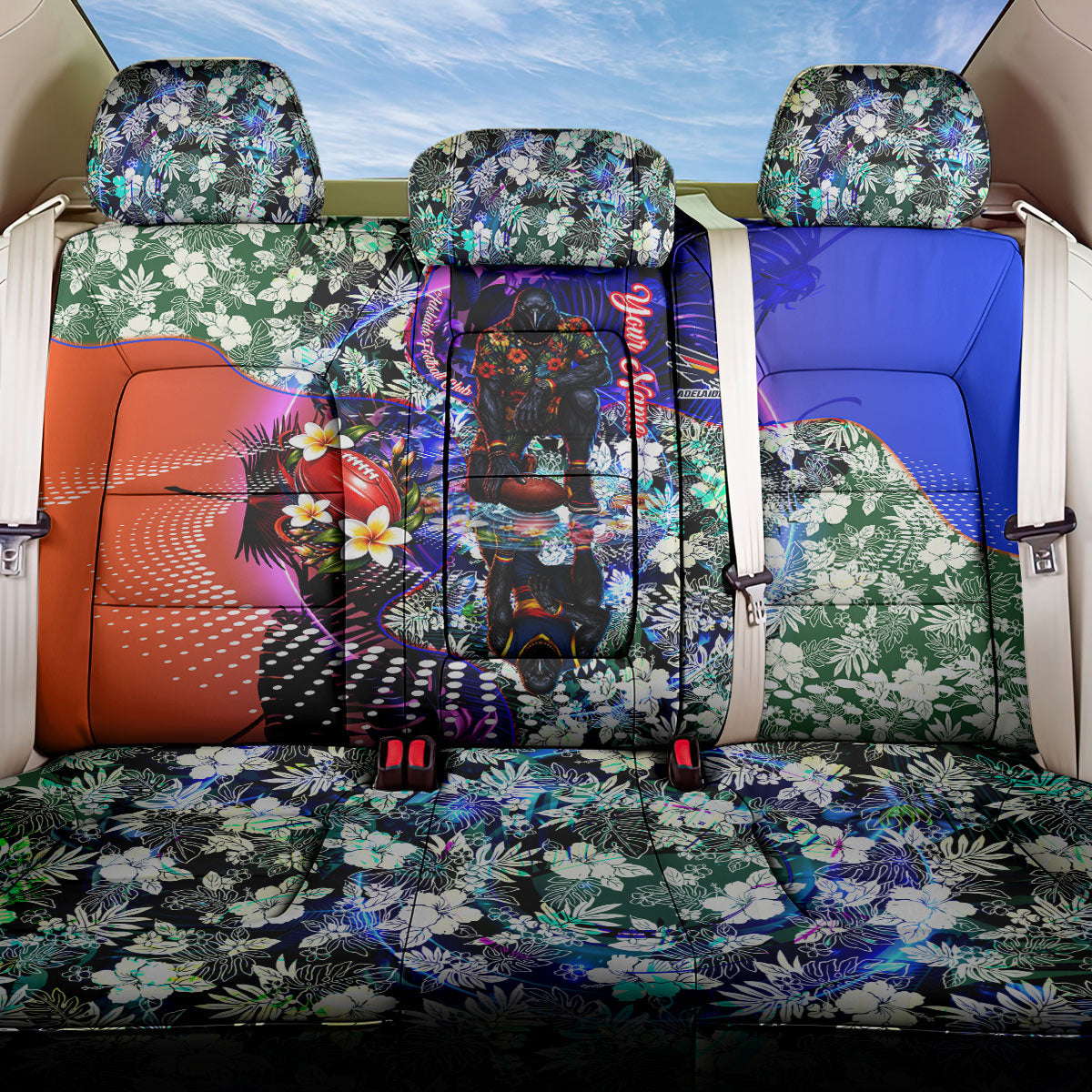 Personalized Adelaide Crow Football Back Car Seat Cover Tropical Hibiscus Flowers - Pacific Fusion Style