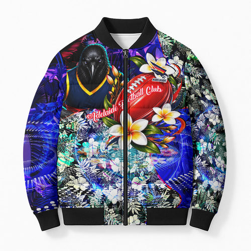 Personalized Adelaide Crow Football Bomber Puffer Jacket Tropical Hibiscus Flowers - Pacific Fusion Style
