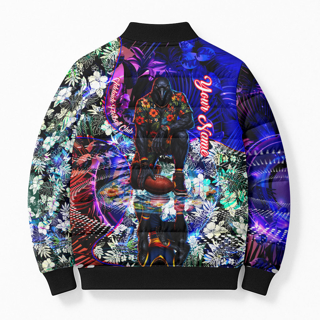 Personalized Adelaide Crow Football Bomber Puffer Jacket Tropical Hibiscus Flowers - Pacific Fusion Style