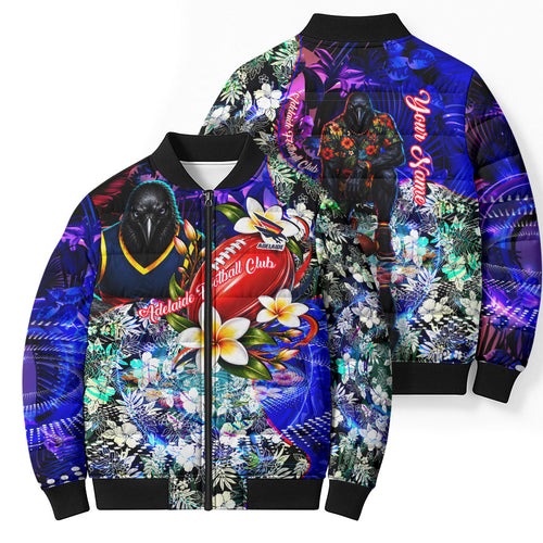 Personalized Adelaide Crow Football Bomber Puffer Jacket Tropical Hibiscus Flowers - Pacific Fusion Style