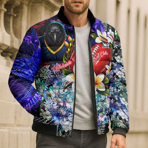 Personalized Adelaide Crow Football Bomber Puffer Jacket Tropical Hibiscus Flowers - Pacific Fusion Style