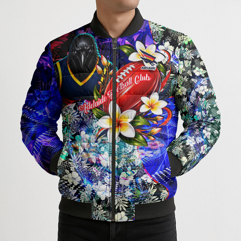 Personalized Adelaide Crow Football Bomber Puffer Jacket Tropical Hibiscus Flowers - Pacific Fusion Style