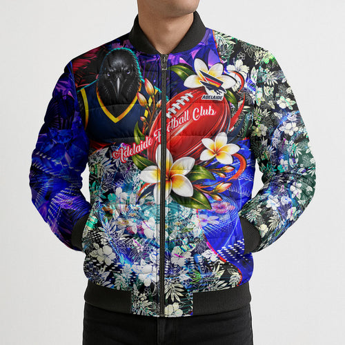 Personalized Adelaide Crow Football Bomber Puffer Jacket Tropical Hibiscus Flowers - Pacific Fusion Style