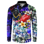 Personalized Adelaide Crow Football Button Sweatshirt Tropical Hibiscus Flowers - Pacific Fusion Style