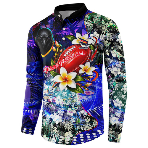 Personalized Adelaide Crow Football Button Sweatshirt Tropical Hibiscus Flowers - Pacific Fusion Style