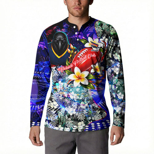 Personalized Adelaide Crow Football Button Sweatshirt Tropical Hibiscus Flowers - Pacific Fusion Style