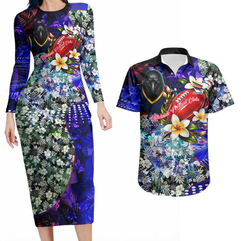 Personalized Adelaide Crow Football Couples Matching Long Sleeve Bodycon Dress and Hawaiian Shirt Tropical Hibiscus Flowers - Pacific Fusion Style