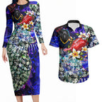 Personalized Adelaide Crow Football Couples Matching Long Sleeve Bodycon Dress and Hawaiian Shirt Tropical Hibiscus Flowers - Pacific Fusion Style