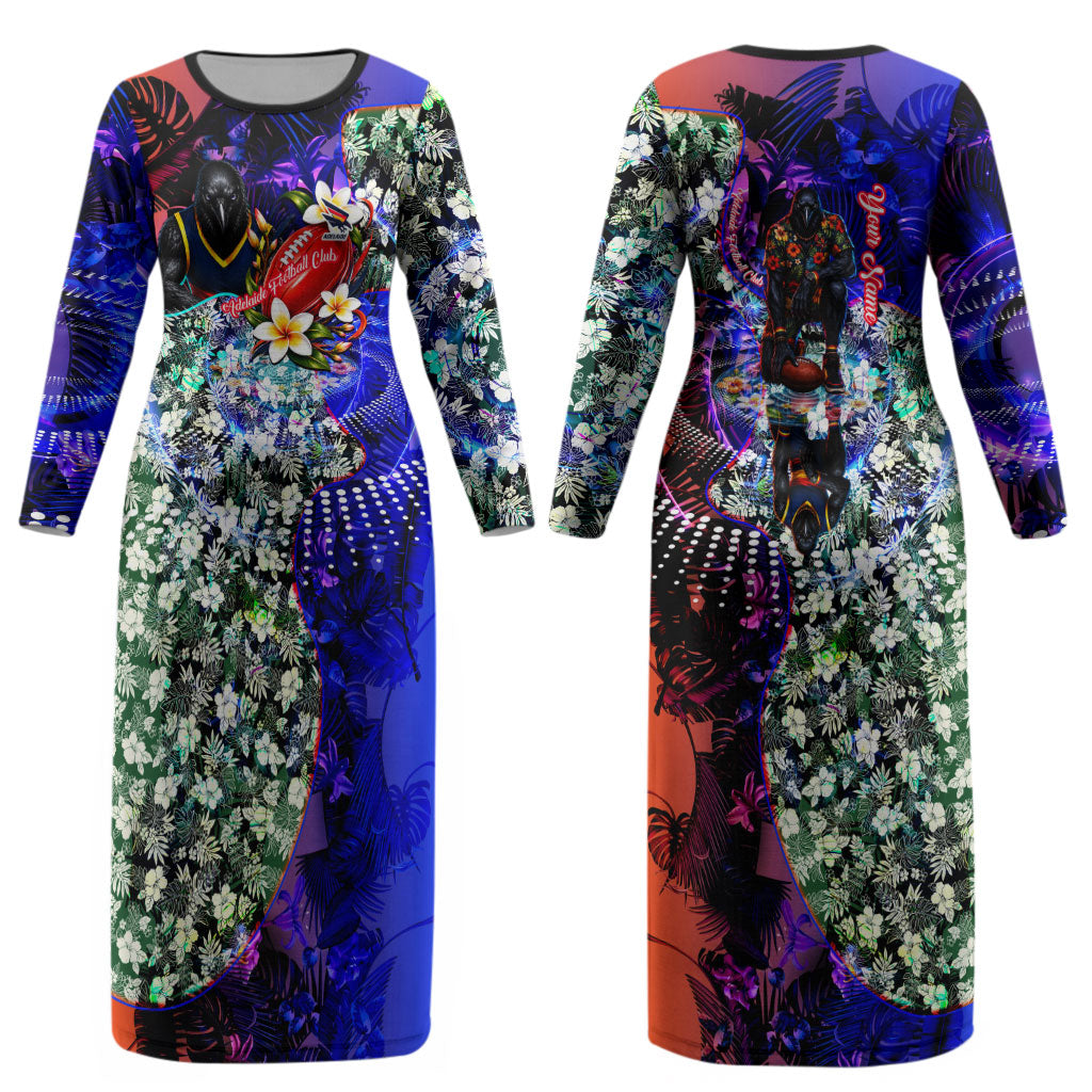 Personalized Adelaide Crow Football Couples Matching Long Sleeve Bodycon Dress and Hawaiian Shirt Tropical Hibiscus Flowers - Pacific Fusion Style