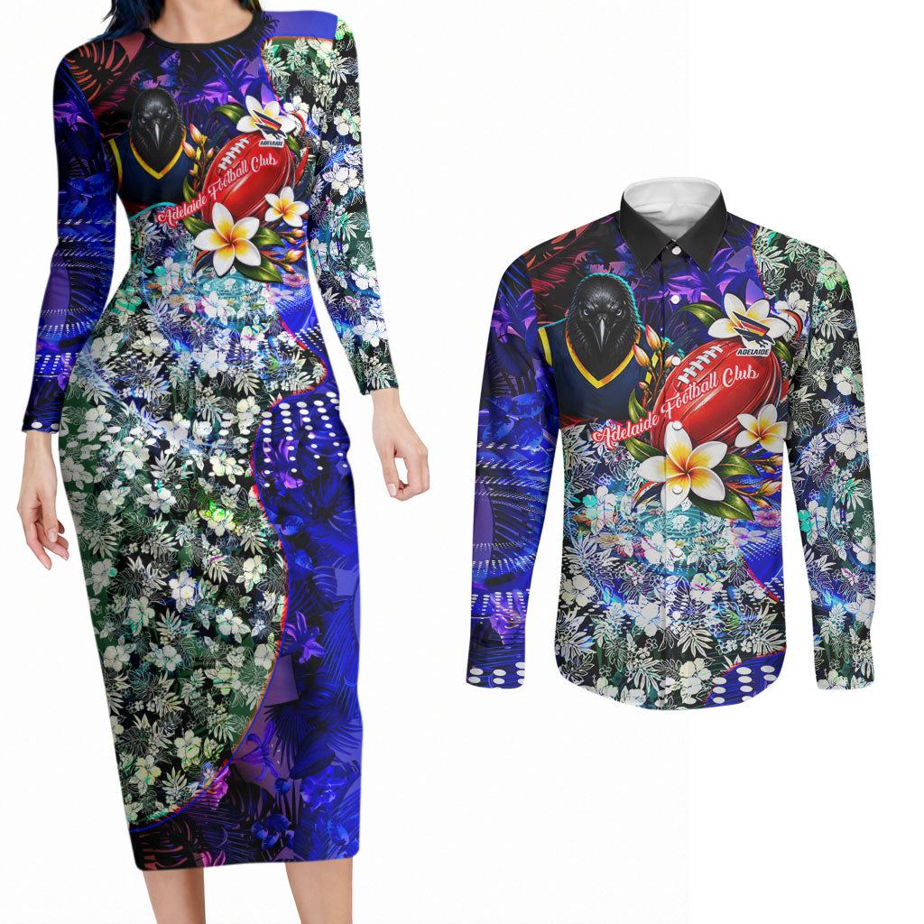 Personalized Adelaide Crow Football Couples Matching Long Sleeve Bodycon Dress and Long Sleeve Button Shirt Tropical Hibiscus Flowers - Pacific Fusion Style