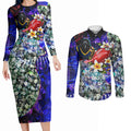 Personalized Adelaide Crow Football Couples Matching Long Sleeve Bodycon Dress and Long Sleeve Button Shirt Tropical Hibiscus Flowers - Pacific Fusion Style