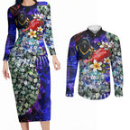 Personalized Adelaide Crow Football Couples Matching Long Sleeve Bodycon Dress and Long Sleeve Button Shirt Tropical Hibiscus Flowers - Pacific Fusion Style