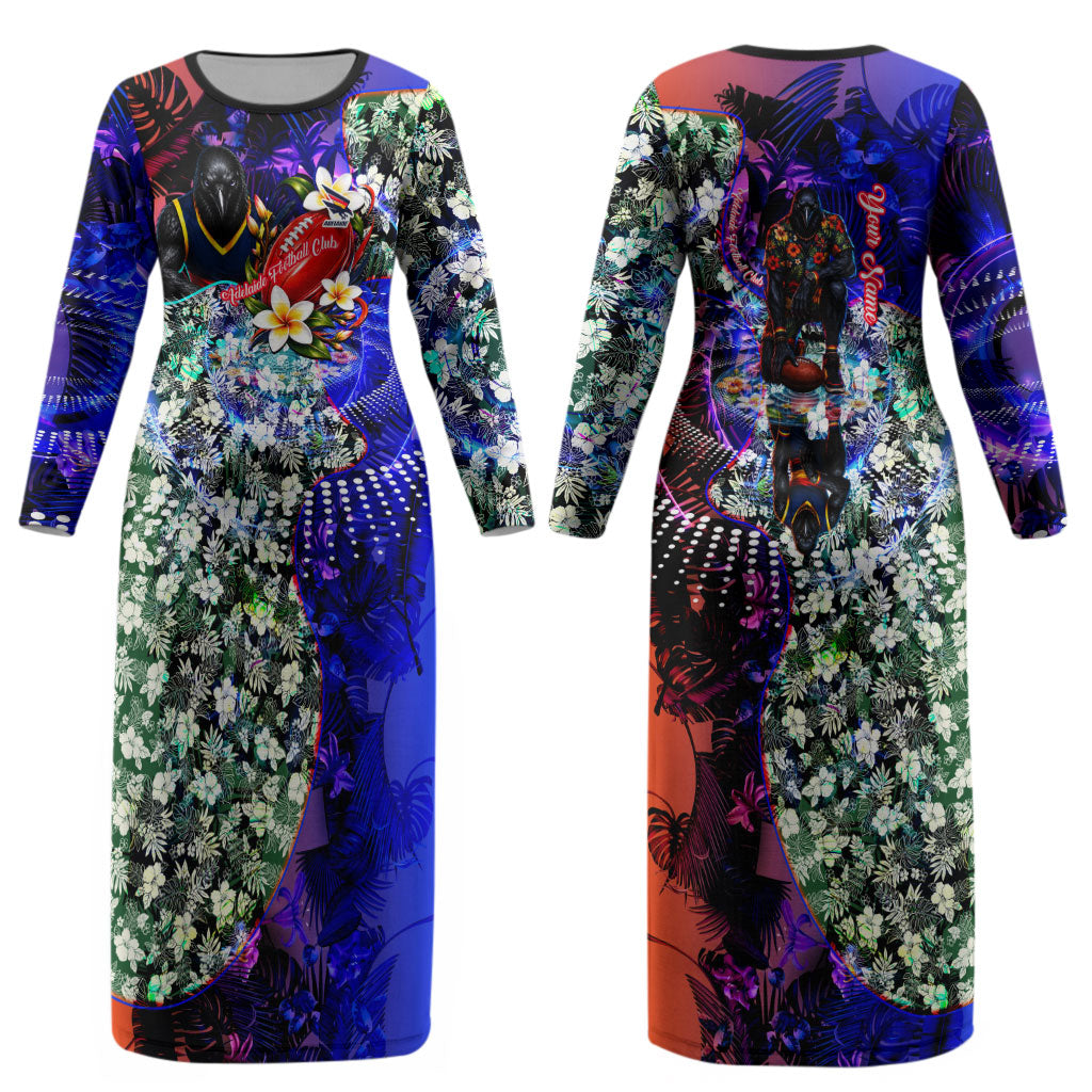 Personalized Adelaide Crow Football Couples Matching Long Sleeve Bodycon Dress and Long Sleeve Button Shirt Tropical Hibiscus Flowers - Pacific Fusion Style