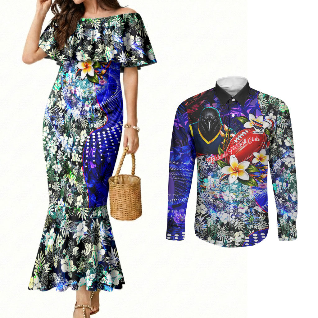Personalized Adelaide Crow Football Couples Matching Mermaid Dress and Long Sleeve Button Shirt Tropical Hibiscus Flowers - Pacific Fusion Style