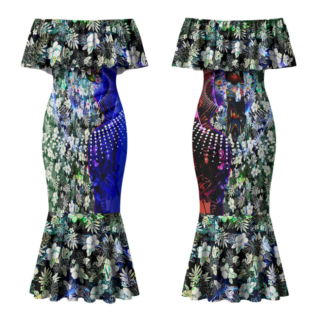Personalized Adelaide Crow Football Couples Matching Mermaid Dress and Long Sleeve Button Shirt Tropical Hibiscus Flowers - Pacific Fusion Style