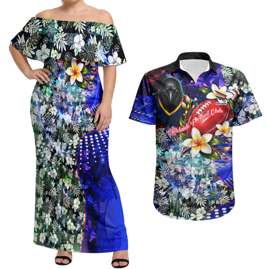 Personalized Adelaide Crow Football Couples Matching Off Shoulder Maxi Dress and Hawaiian Shirt Tropical Hibiscus Flowers - Pacific Fusion Style