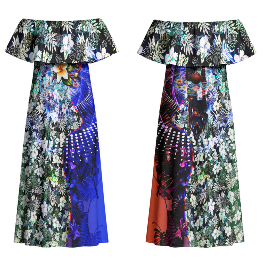 Personalized Adelaide Crow Football Couples Matching Off Shoulder Maxi Dress and Hawaiian Shirt Tropical Hibiscus Flowers - Pacific Fusion Style