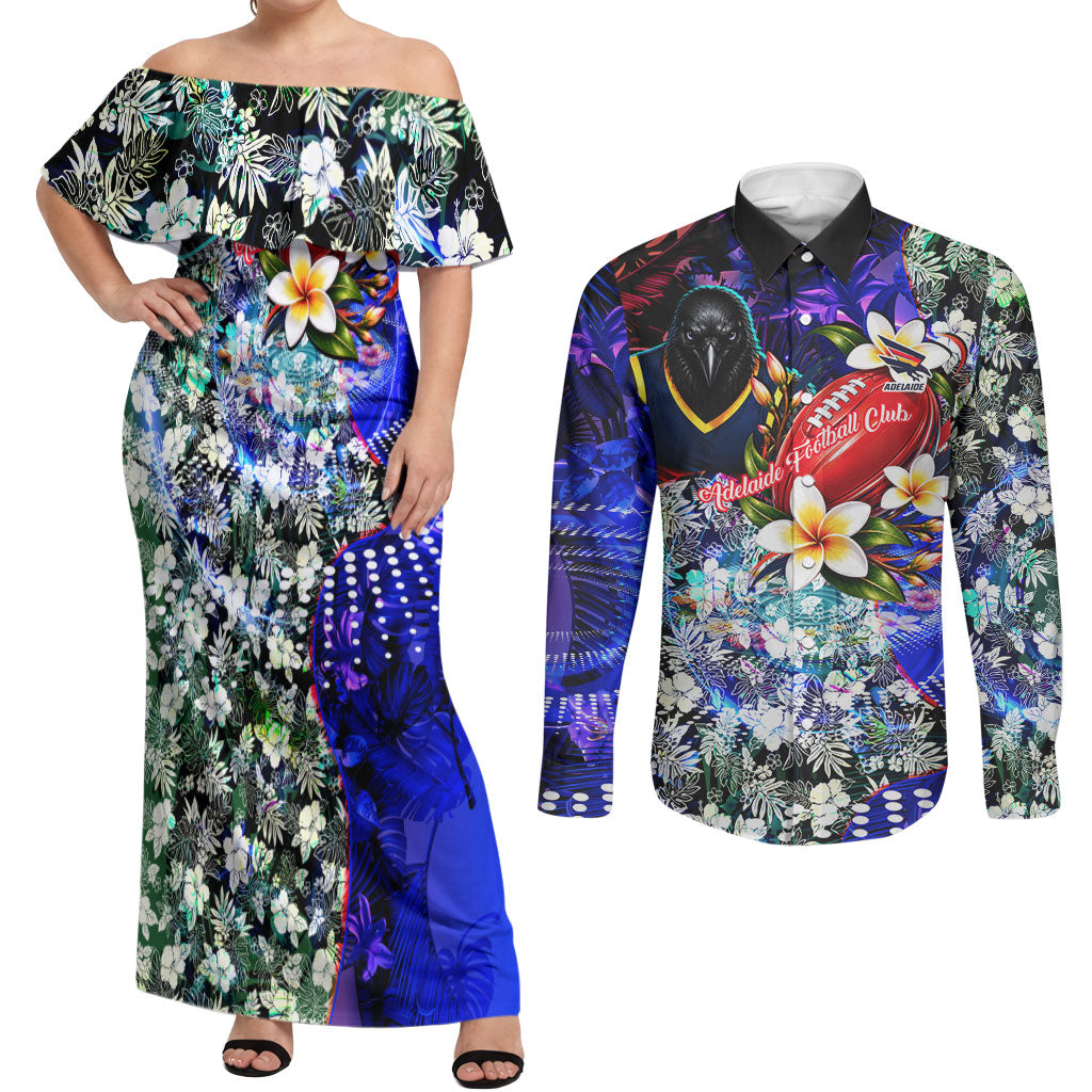 Personalized Adelaide Crow Football Couples Matching Off Shoulder Maxi Dress and Long Sleeve Button Shirt Tropical Hibiscus Flowers - Pacific Fusion Style
