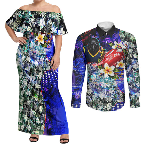 Personalized Adelaide Crow Football Couples Matching Off Shoulder Maxi Dress and Long Sleeve Button Shirt Tropical Hibiscus Flowers - Pacific Fusion Style