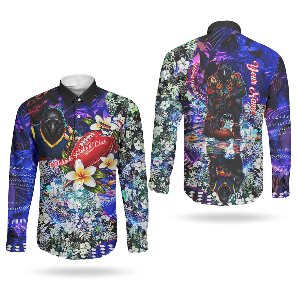 Personalized Adelaide Crow Football Couples Matching Off Shoulder Maxi Dress and Long Sleeve Button Shirt Tropical Hibiscus Flowers - Pacific Fusion Style