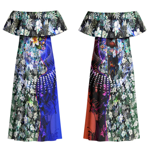 Personalized Adelaide Crow Football Couples Matching Off Shoulder Maxi Dress and Long Sleeve Button Shirt Tropical Hibiscus Flowers - Pacific Fusion Style