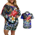 Personalized Adelaide Crow Football Couples Matching Off Shoulder Short Dress and Hawaiian Shirt Tropical Hibiscus Flowers - Pacific Fusion Style