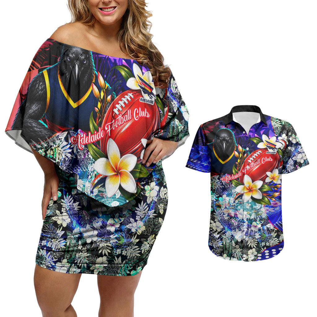 Personalized Adelaide Crow Football Couples Matching Off Shoulder Short Dress and Hawaiian Shirt Tropical Hibiscus Flowers - Pacific Fusion Style