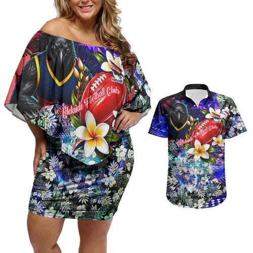 Personalized Adelaide Crow Football Couples Matching Off Shoulder Short Dress and Hawaiian Shirt Tropical Hibiscus Flowers - Pacific Fusion Style