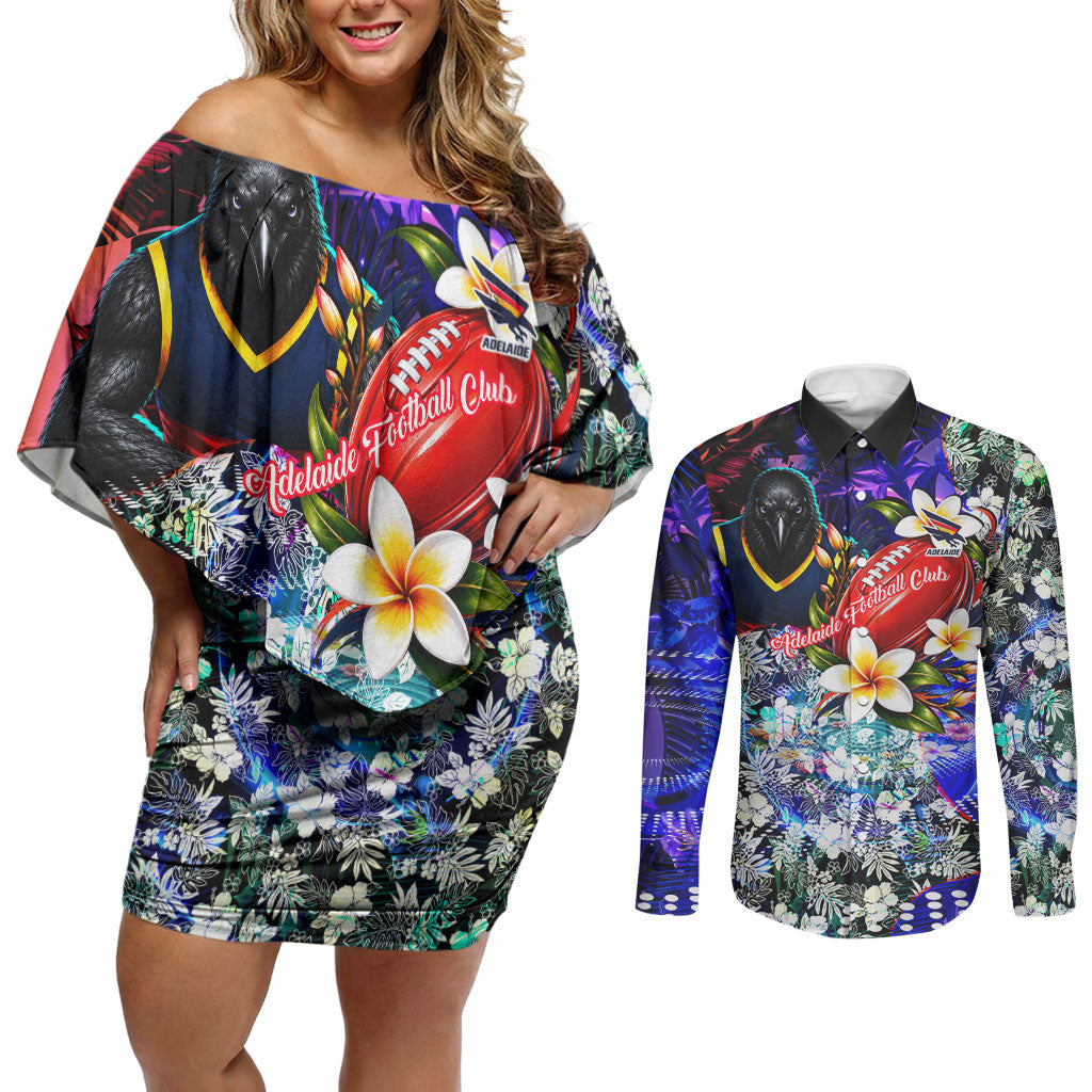 Personalized Adelaide Crow Football Couples Matching Off Shoulder Short Dress and Long Sleeve Button Shirt Tropical Hibiscus Flowers - Pacific Fusion Style