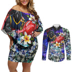 Personalized Adelaide Crow Football Couples Matching Off Shoulder Short Dress and Long Sleeve Button Shirt Tropical Hibiscus Flowers - Pacific Fusion Style