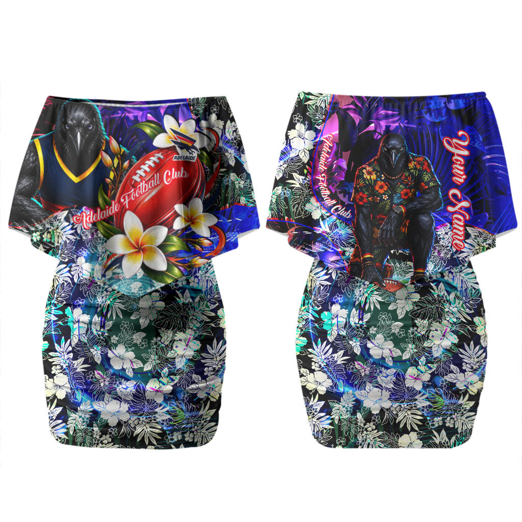 Personalized Adelaide Crow Football Couples Matching Off Shoulder Short Dress and Long Sleeve Button Shirt Tropical Hibiscus Flowers - Pacific Fusion Style