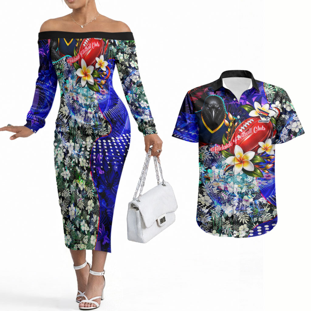 Personalized Adelaide Crow Football Couples Matching Off The Shoulder Long Sleeve Dress and Hawaiian Shirt Tropical Hibiscus Flowers - Pacific Fusion Style