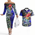 Personalized Adelaide Crow Football Couples Matching Off The Shoulder Long Sleeve Dress and Hawaiian Shirt Tropical Hibiscus Flowers - Pacific Fusion Style