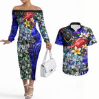 Personalized Adelaide Crow Football Couples Matching Off The Shoulder Long Sleeve Dress and Hawaiian Shirt Tropical Hibiscus Flowers - Pacific Fusion Style