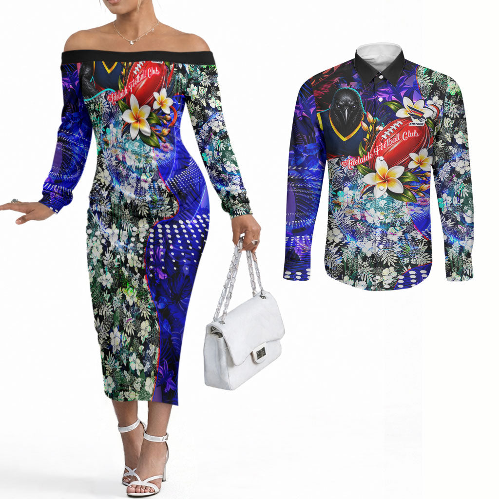 Personalized Adelaide Crow Football Couples Matching Off The Shoulder Long Sleeve Dress and Long Sleeve Button Shirt Tropical Hibiscus Flowers - Pacific Fusion Style