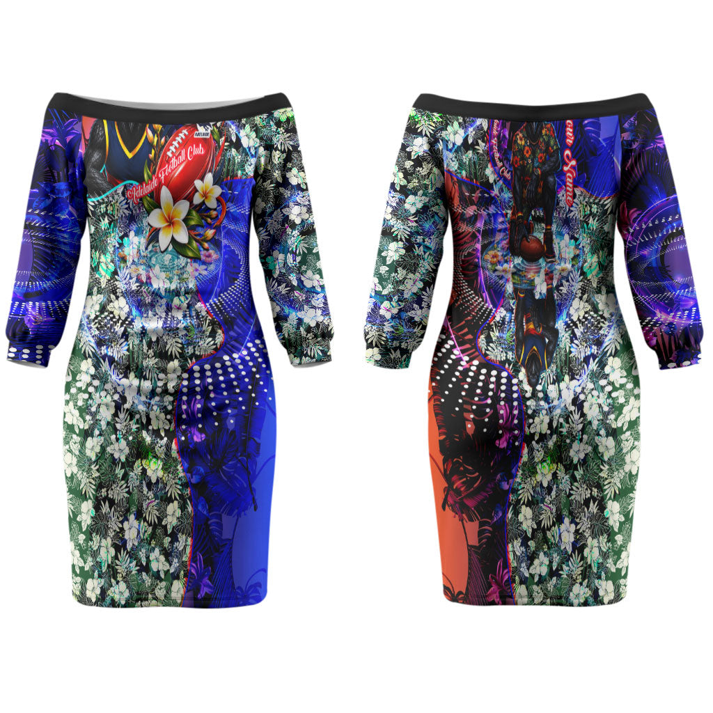 Personalized Adelaide Crow Football Couples Matching Off The Shoulder Long Sleeve Dress and Long Sleeve Button Shirt Tropical Hibiscus Flowers - Pacific Fusion Style