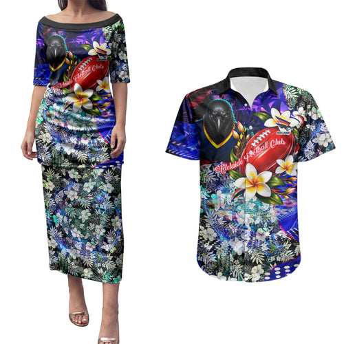 Personalized Adelaide Crow Football Couples Matching Puletasi and Hawaiian Shirt Tropical Hibiscus Flowers - Pacific Fusion Style