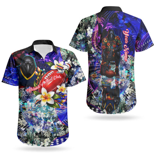 Personalized Adelaide Crow Football Couples Matching Puletasi and Hawaiian Shirt Tropical Hibiscus Flowers - Pacific Fusion Style
