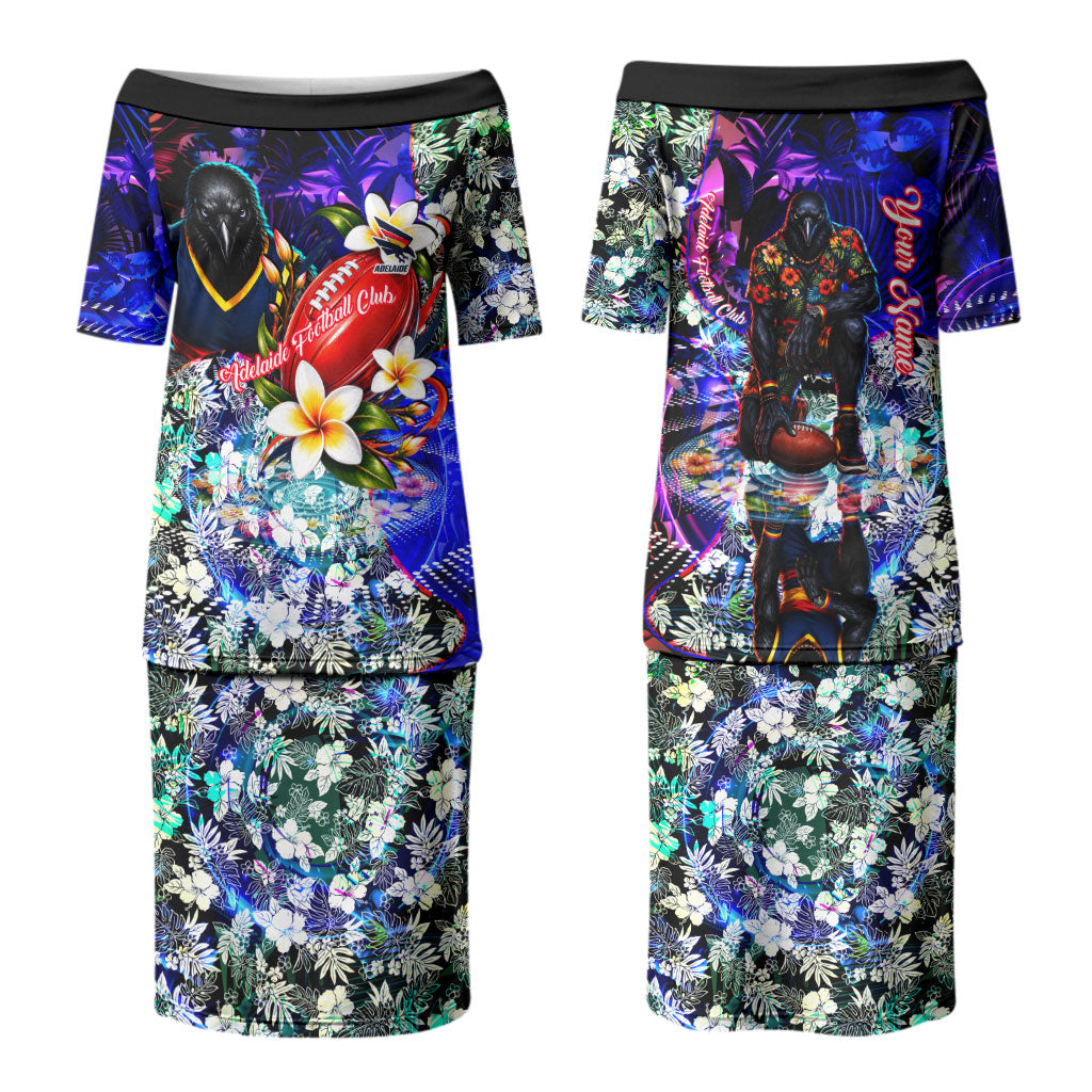 Personalized Adelaide Crow Football Couples Matching Puletasi and Hawaiian Shirt Tropical Hibiscus Flowers - Pacific Fusion Style