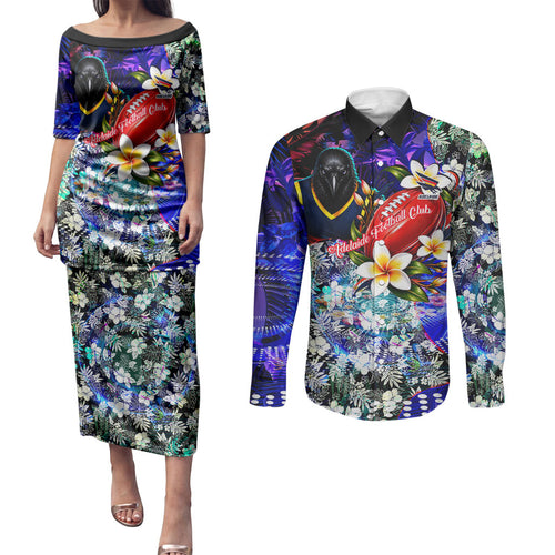 Personalized Adelaide Crow Football Couples Matching Puletasi and Long Sleeve Button Shirt Tropical Hibiscus Flowers - Pacific Fusion Style