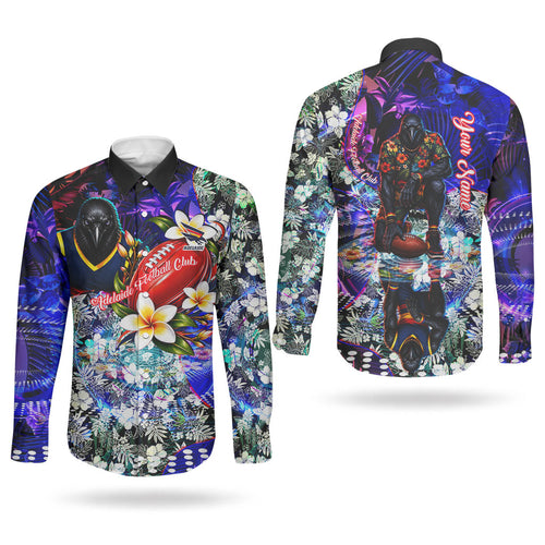 Personalized Adelaide Crow Football Couples Matching Puletasi and Long Sleeve Button Shirt Tropical Hibiscus Flowers - Pacific Fusion Style