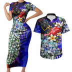 Personalized Adelaide Crow Football Couples Matching Short Sleeve Bodycon Dress and Hawaiian Shirt Tropical Hibiscus Flowers - Pacific Fusion Style