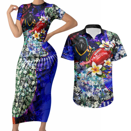 Personalized Adelaide Crow Football Couples Matching Short Sleeve Bodycon Dress and Hawaiian Shirt Tropical Hibiscus Flowers - Pacific Fusion Style