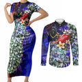 Personalized Adelaide Crow Football Couples Matching Short Sleeve Bodycon Dress and Long Sleeve Button Shirt Tropical Hibiscus Flowers - Pacific Fusion Style