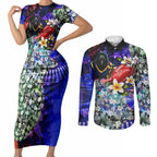 Personalized Adelaide Crow Football Couples Matching Short Sleeve Bodycon Dress and Long Sleeve Button Shirt Tropical Hibiscus Flowers - Pacific Fusion Style